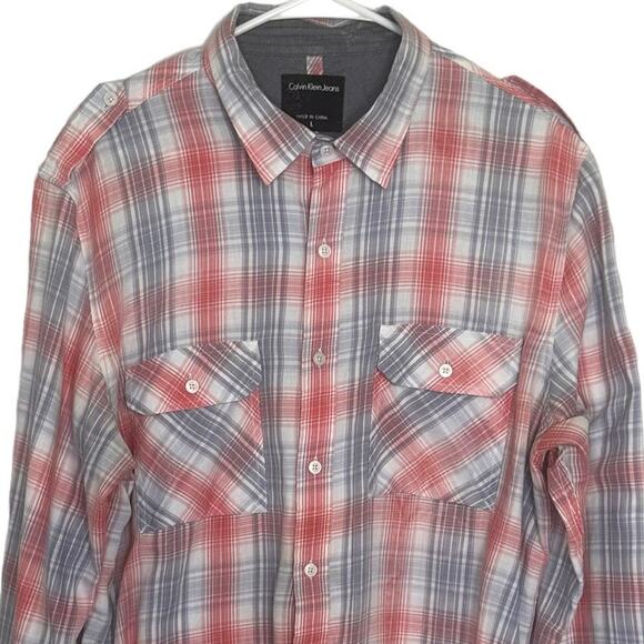 Calvin Klein Button Up Shirt Plaid Lightweight Collared Mens Sz Large Red Blue - Picture 3 of 9